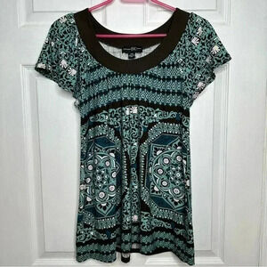 Inc International Concepts Short Sleeved Blouse Ruffled Sleeves Brown/Blue Med